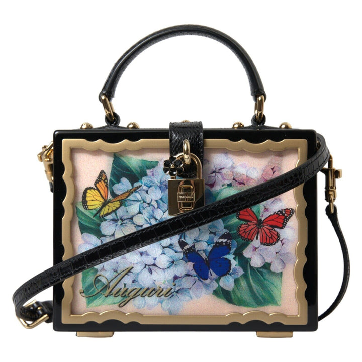 Dolce & Gabbana Multicolor Wood Snakeskin Top Handle Box Shoulder Floral Bag