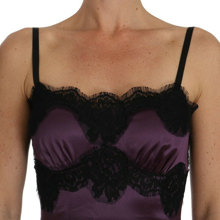Dolce & Gabbana Purple Silk Stretch Black Lace A-Line Dress