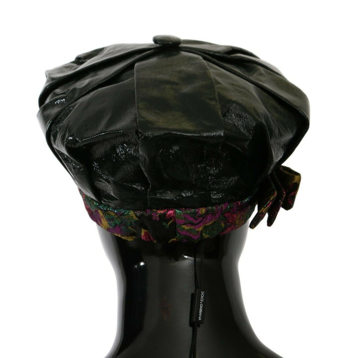 Dolce & Gabbana Black Lamb Leather Floral Print Beret Hat