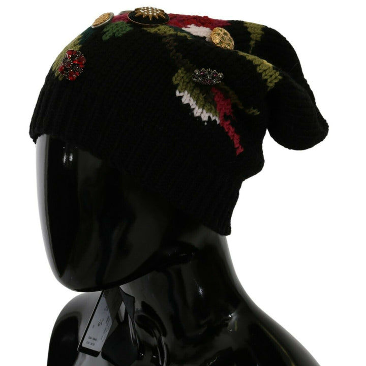 Dolce & Gabbana Black Knitted 100% Wool Crystal Stud Hat