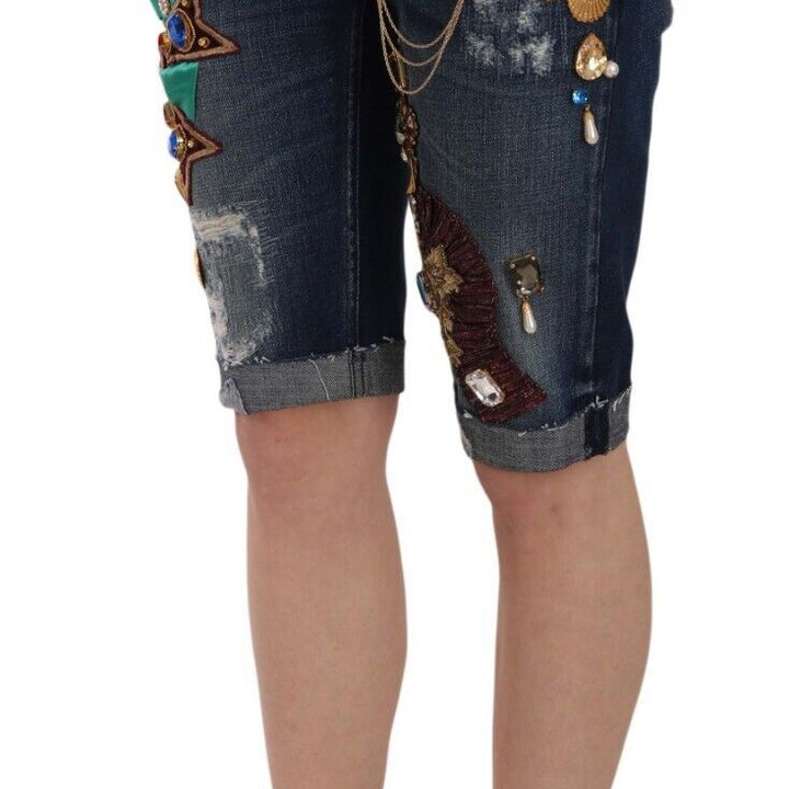 Dolce & Gabbana Blue Denim Mid Waist Crystal Capri Shorts