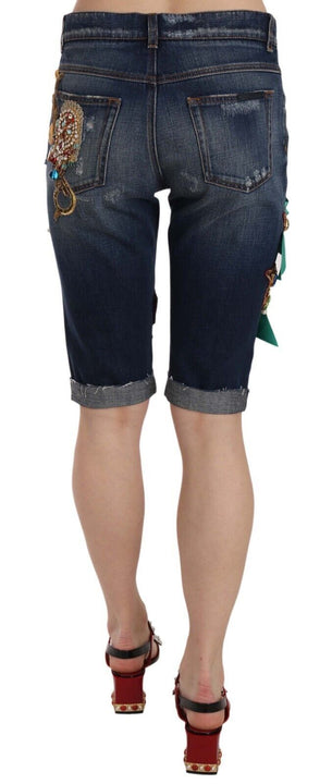 Dolce & Gabbana Blue Denim Mid Waist Crystal Capri Shorts