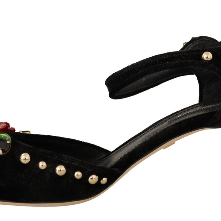 Dolce & Gabbana Black Velvet Roses Ankle Strap Pumps Shoes