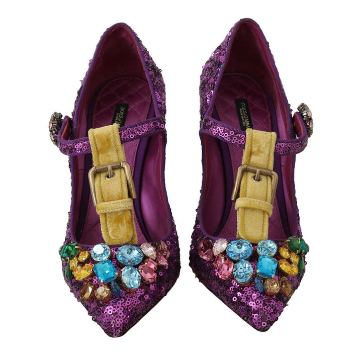 Dolce & Gabbana Purple Sequin Leather Crystal Sandal Shoes