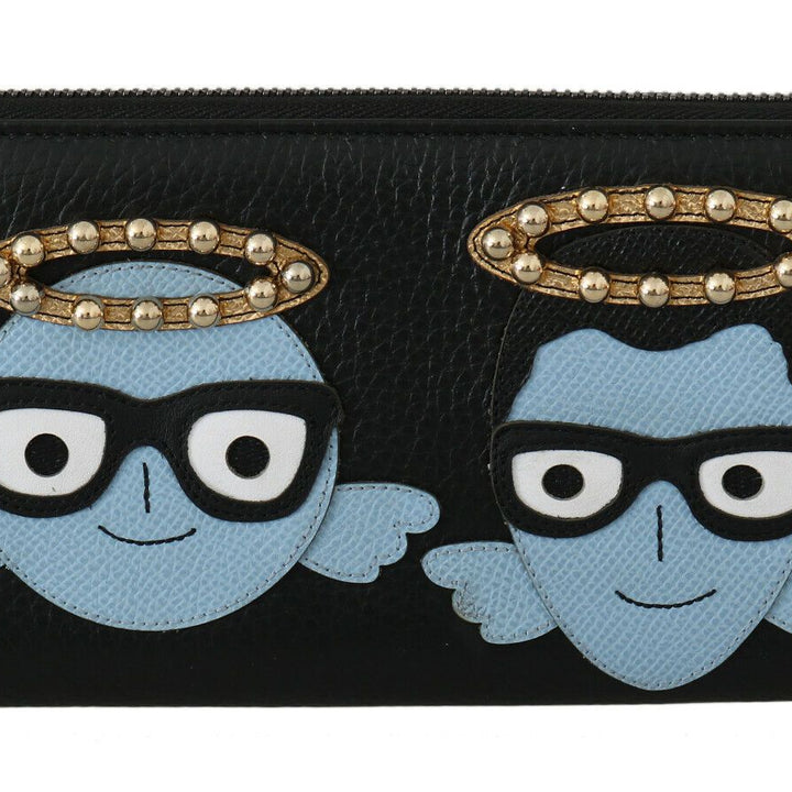 Dolce & Gabbana Black Blue Leather #DGFAMILY Zipper Continental Wallet