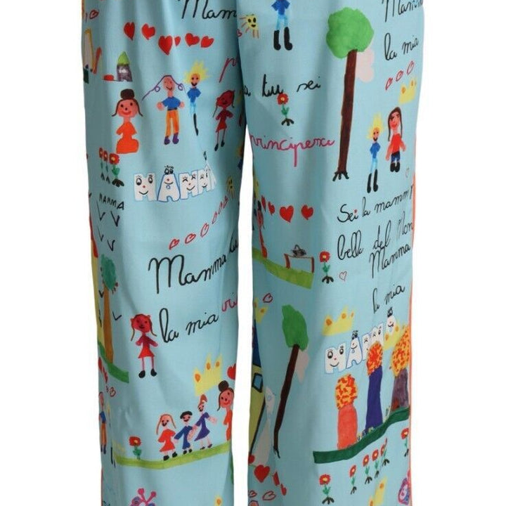 Dolce & Gabbana Light Blue Drawing Mid Waist Wide Leg Pants