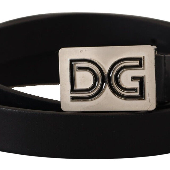 Dolce & Gabbana Black Leather Silver DG Logo Buckle Belt