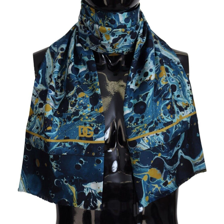 Dolce & Gabbana Blue Marble Pinstripe Frayed Men Shawl Scarf