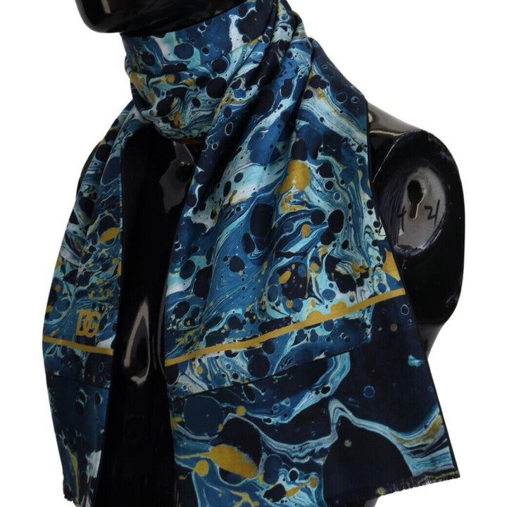 Dolce & Gabbana Blue Marble Pinstripe Frayed Men Shawl Scarf