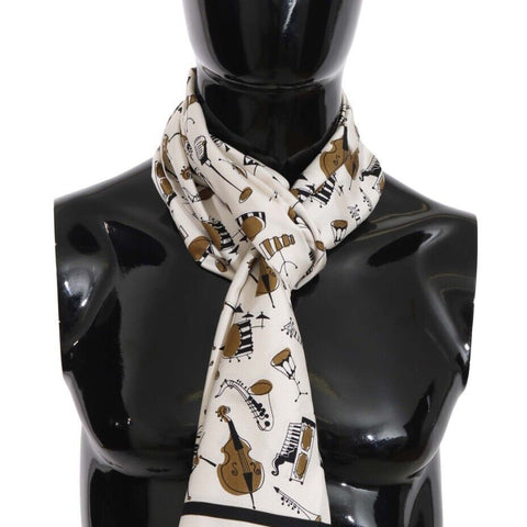 Dolce & Gabbana White Instrument Silk Shawl Fringes Scarf