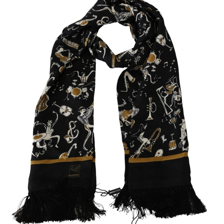 Dolce & Gabbana Black Instrument Silk Shawl Fringes Scarf