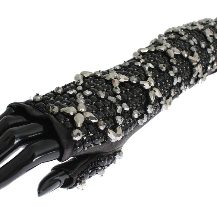 Dolce & Gabbana Black Leather Crystal Beaded Finger Free Gloves