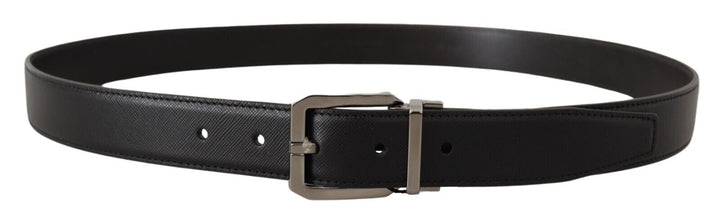 Dolce & Gabbana Black Calf Leather Logo Engraved Metal Buckle Belt