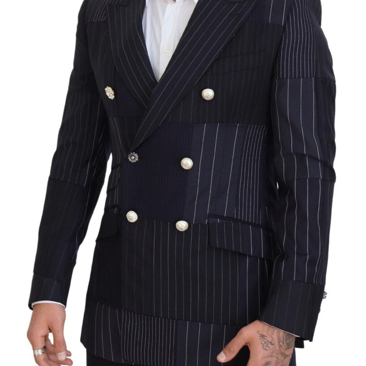 Dolce & Gabbana Blue Wool Patchwork Double Breasted Blazer