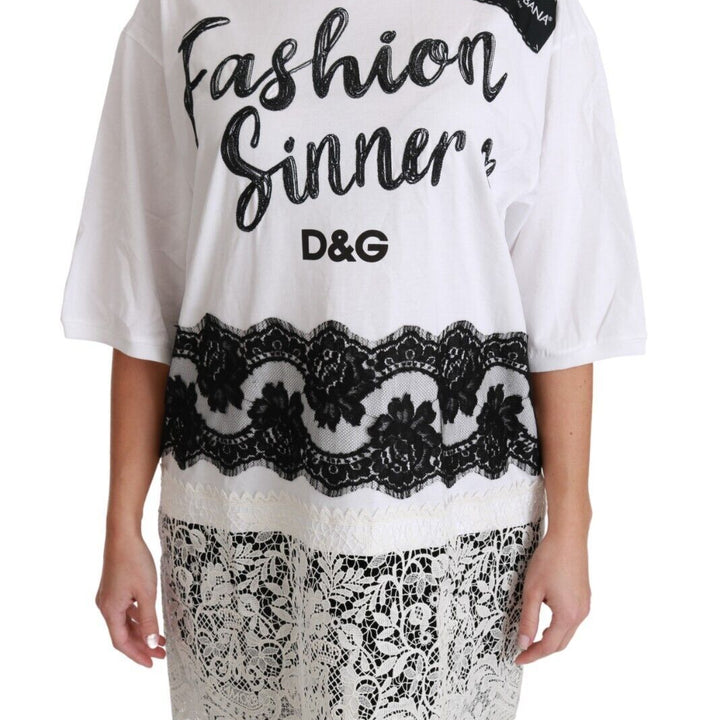 Dolce & Gabbana White Fashion Sinner Cotton Lace T-shirt Top