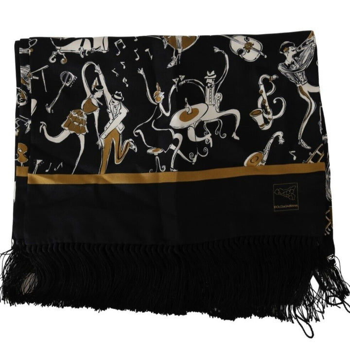 Dolce & Gabbana Black Instrument Silk Shawl Fringes Scarf