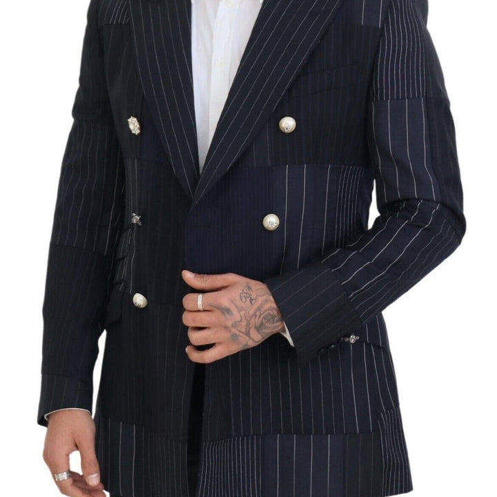 Dolce & Gabbana Blue Wool Patchwork Double Breasted Blazer