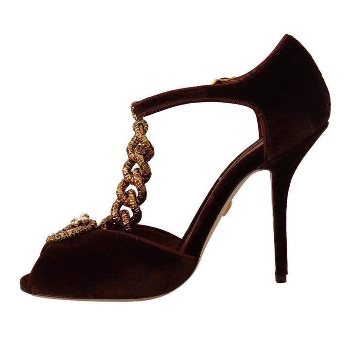 Dolce & Gabbana Maroon Velvet Devotion Heart Heels Sandals Shoes