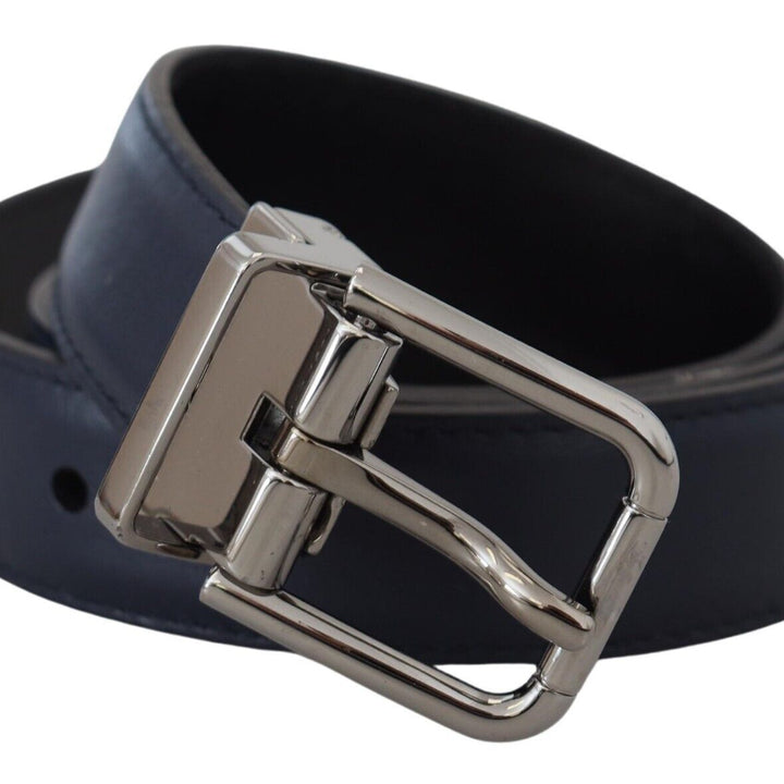 Dolce & Gabbana Blue Calf Leather Silver Tone Metal Buckle Belt