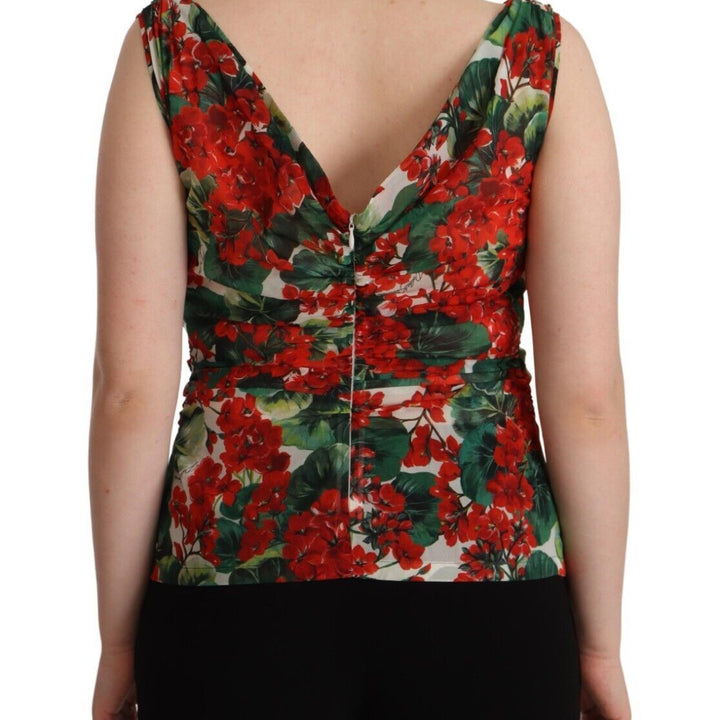 Dolce & Gabbana Multicolor Geranium Silk Sleeveless V-neck Top