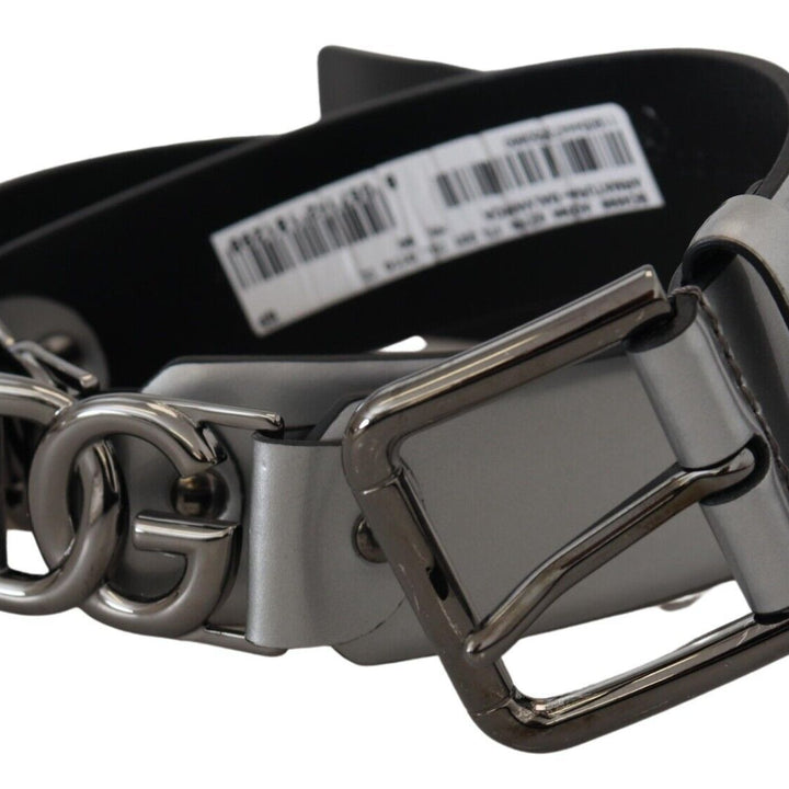 Dolce & Gabbana Metallic Silver Leather DG Logo Metal Buckle Belt