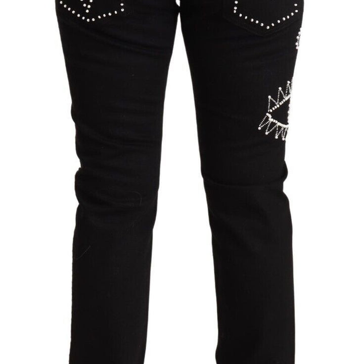 Valentino Black Cotton Mid Waist Embellished Slim Fit Jeans