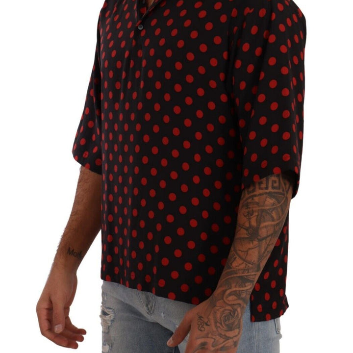 Dolce & Gabbana Red Black Silk Polka Dots Short Sleeves Shirt