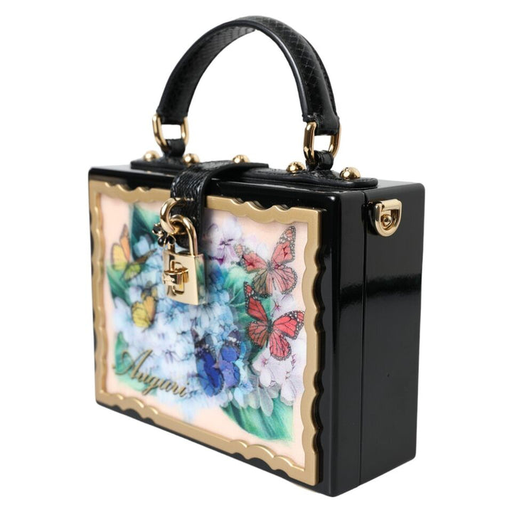 Dolce & Gabbana Multicolor Wood Snakeskin Top Handle Box Shoulder Floral Bag