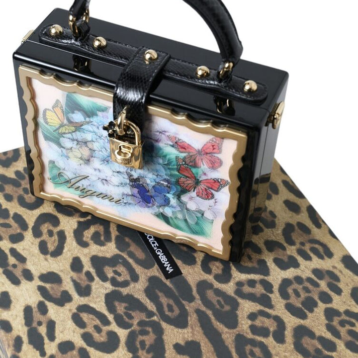 Dolce & Gabbana Multicolor Wood Snakeskin Top Handle Box Shoulder Floral Bag