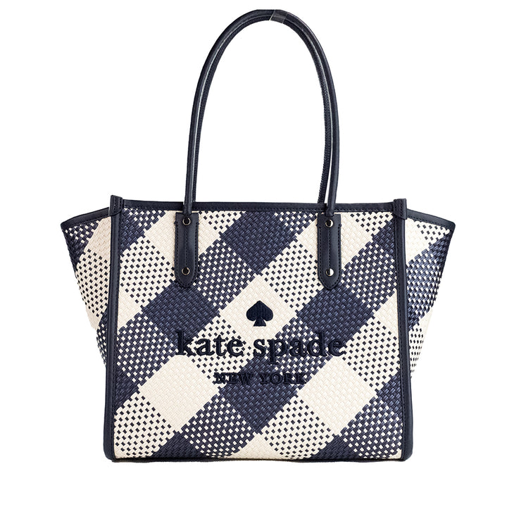 Kate Spade Ella Gingham Blazer Blue Oversized Woven Shoulder Tote Bag Purse