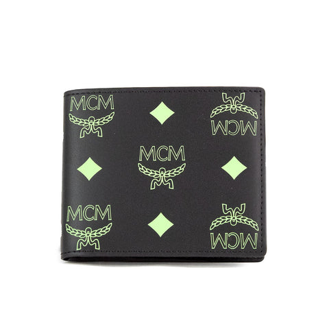MCM Small Black Summer Green Smooth Visetos Monogram Logo Leather Bifold Wallet